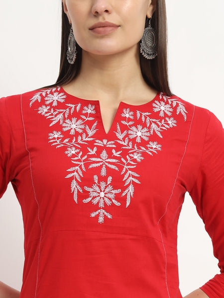 Women White-Red Cotton Print A-Line Kurta With Palazzoo