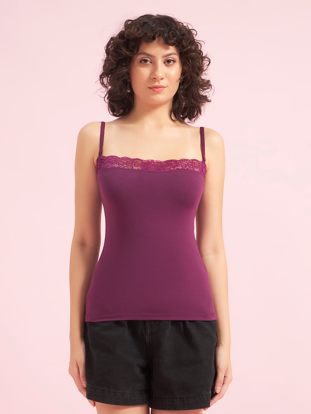 Effectinn Women’s Cotton Camisole Top with Lace Trim – Stretchable Spaghetti Strap Innerwear (TOP LACE)