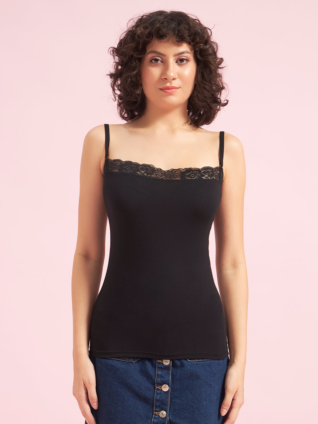 Effectinn Women’s Cotton Camisole Top with Lace Trim – Stretchable Spaghetti Strap Innerwear (TOP LACE)
