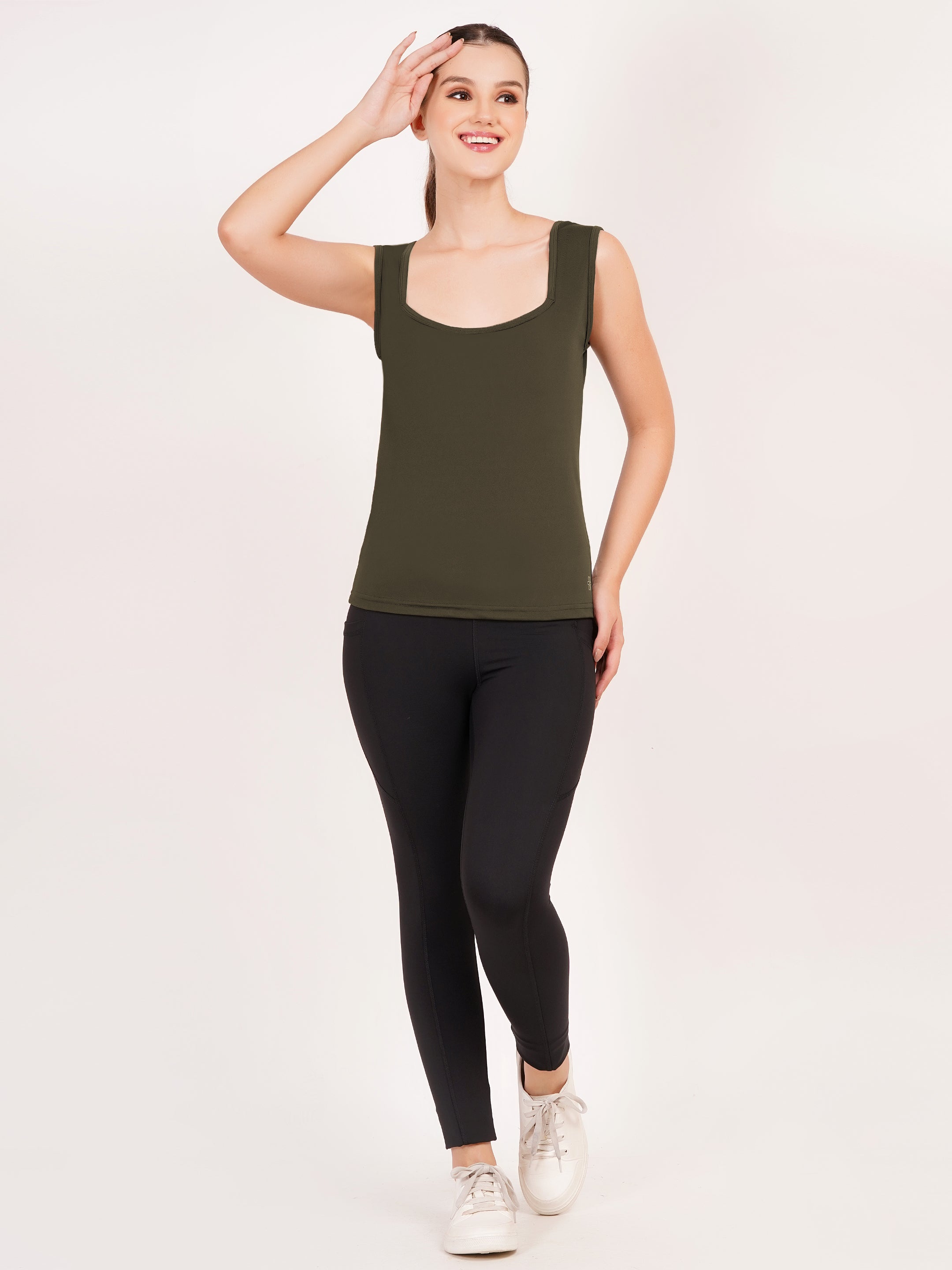 Square Neck Active Tank Top | Olive Green