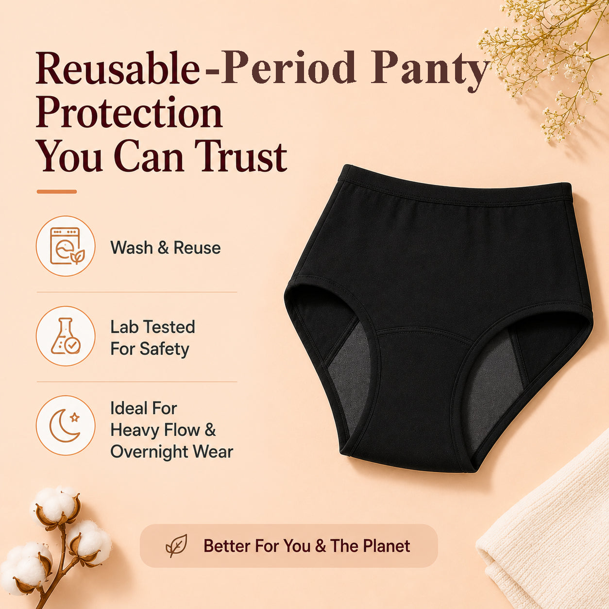 Ultra Soft Leak-Proof Period Panty for Women | High Waist Comfortable Reusable Menstrual Underwear(PERIOD PANTY)