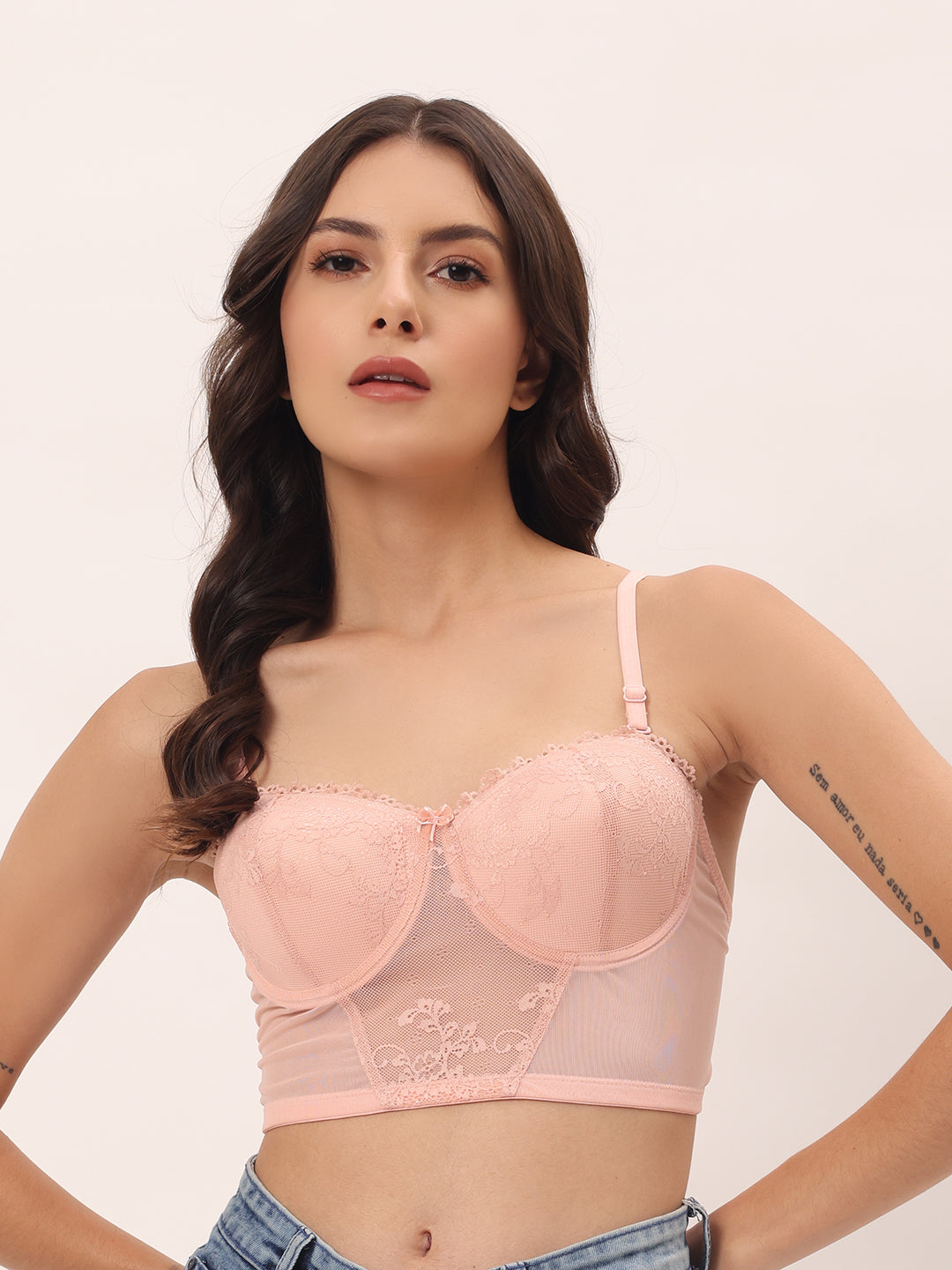 Elegant Pink Floral Lace Longline Bralette (BL-1111)