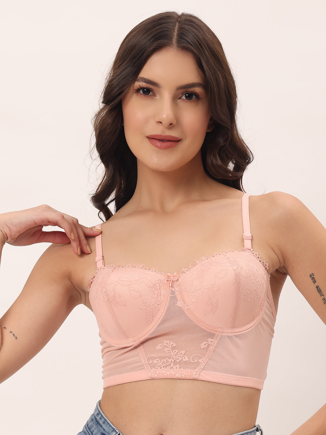 Elegant Pink Floral Lace Longline Bralette (BL-1111)