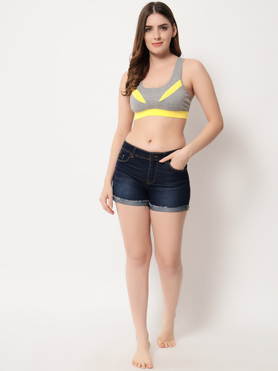 Effectinn's  CAT Sports Bra  with Removable Pads  (GREY_YELLOW)