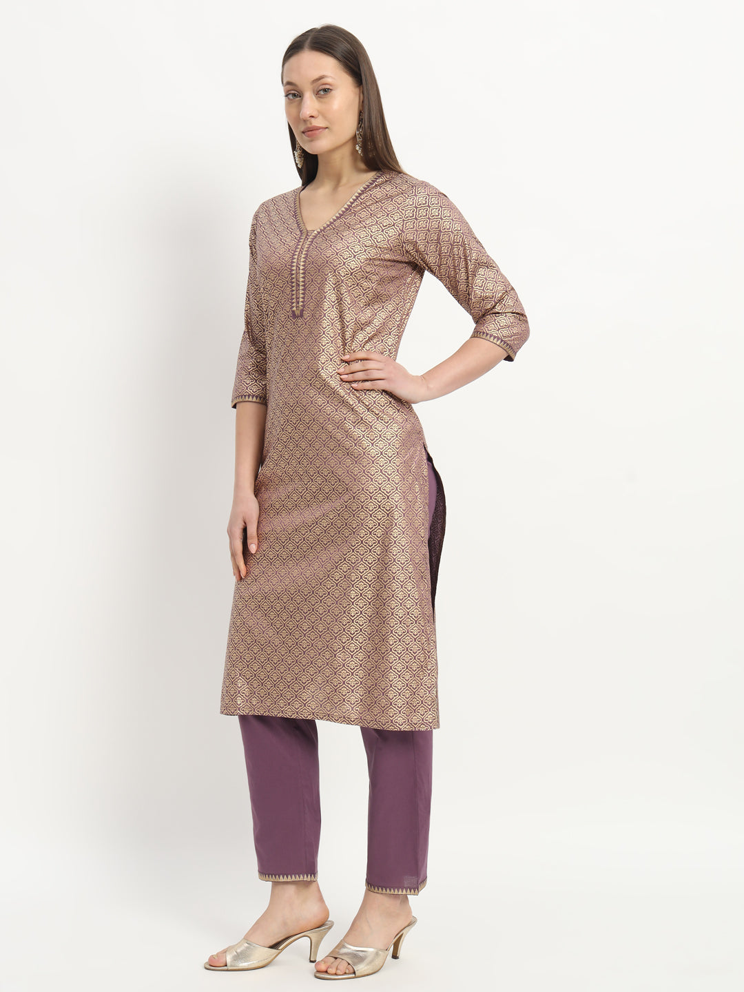 Golden Print on Purple Straight Kurta with Trouser (EFF_01-SUIT)