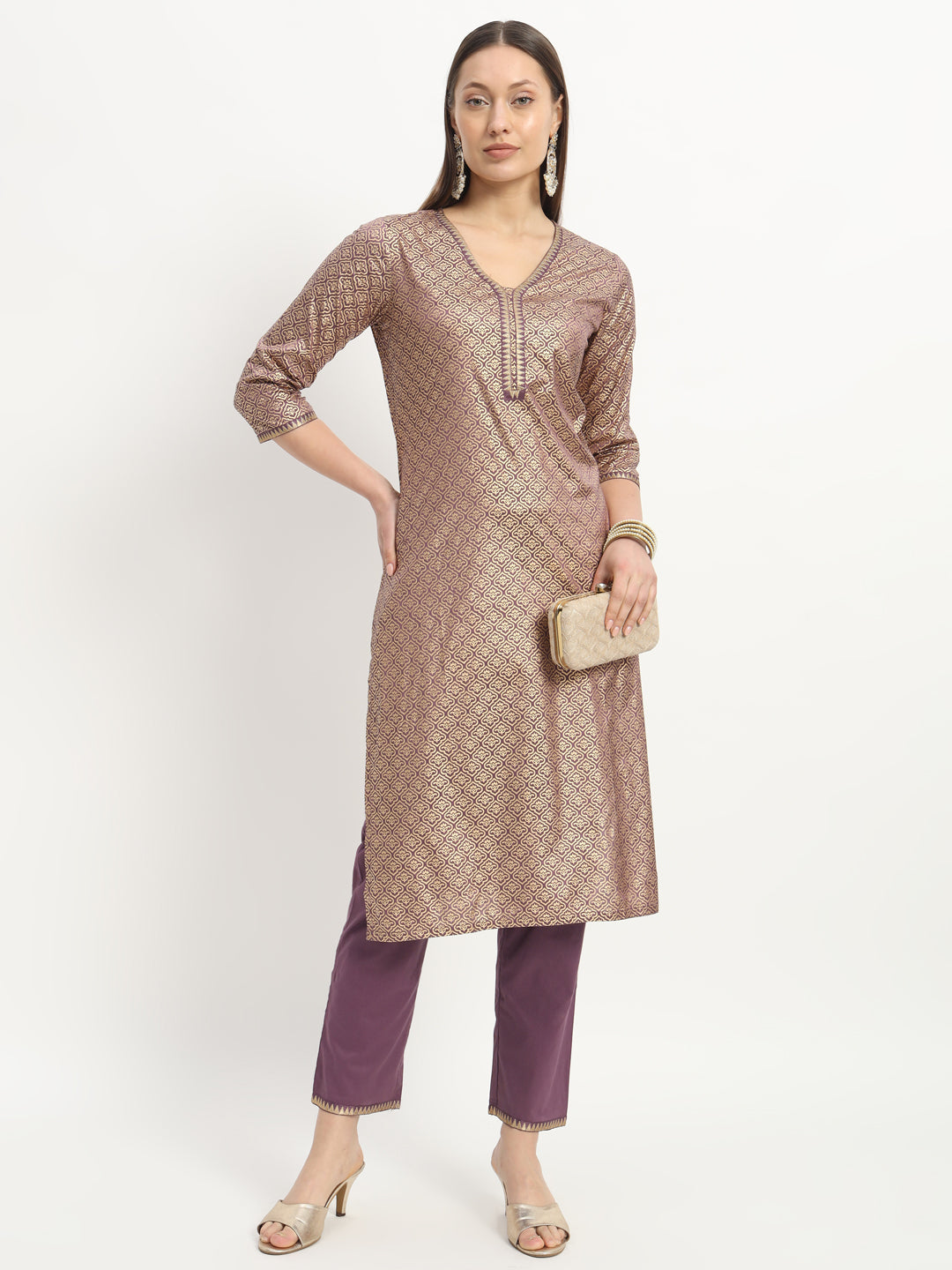 Golden Print on Purple Straight Kurta with Trouser (EFF_01-SUIT)