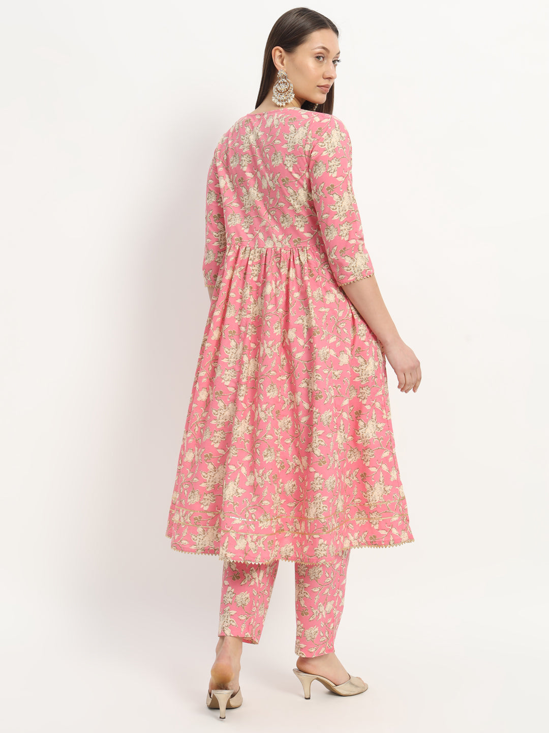 Pink Printed Cotton Fit And Flared Dress With Trouser (EFF-02-SUITS)