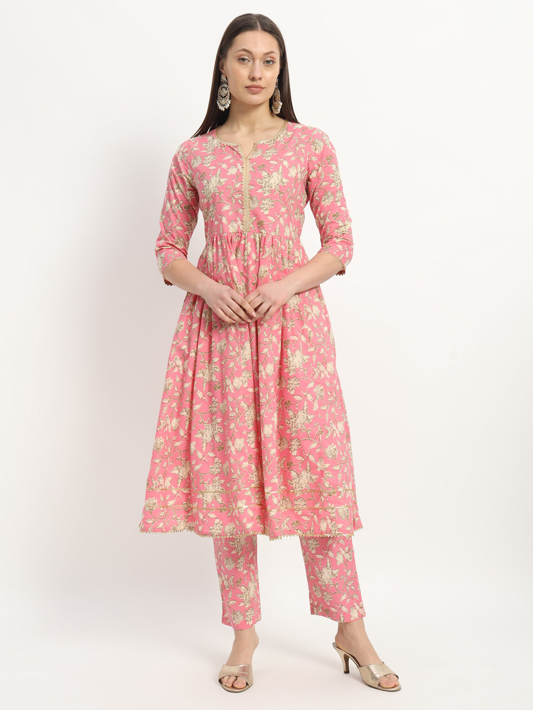 Pink Printed Cotton Fit And Flared Dress With Trouser (EFF-02-SUITS)