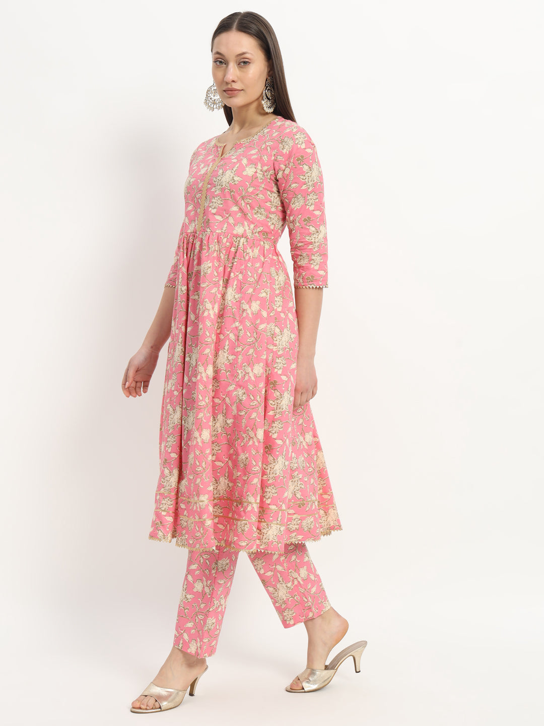 Pink Printed Cotton Fit And Flared Dress With Trouser (EFF-02-SUITS)