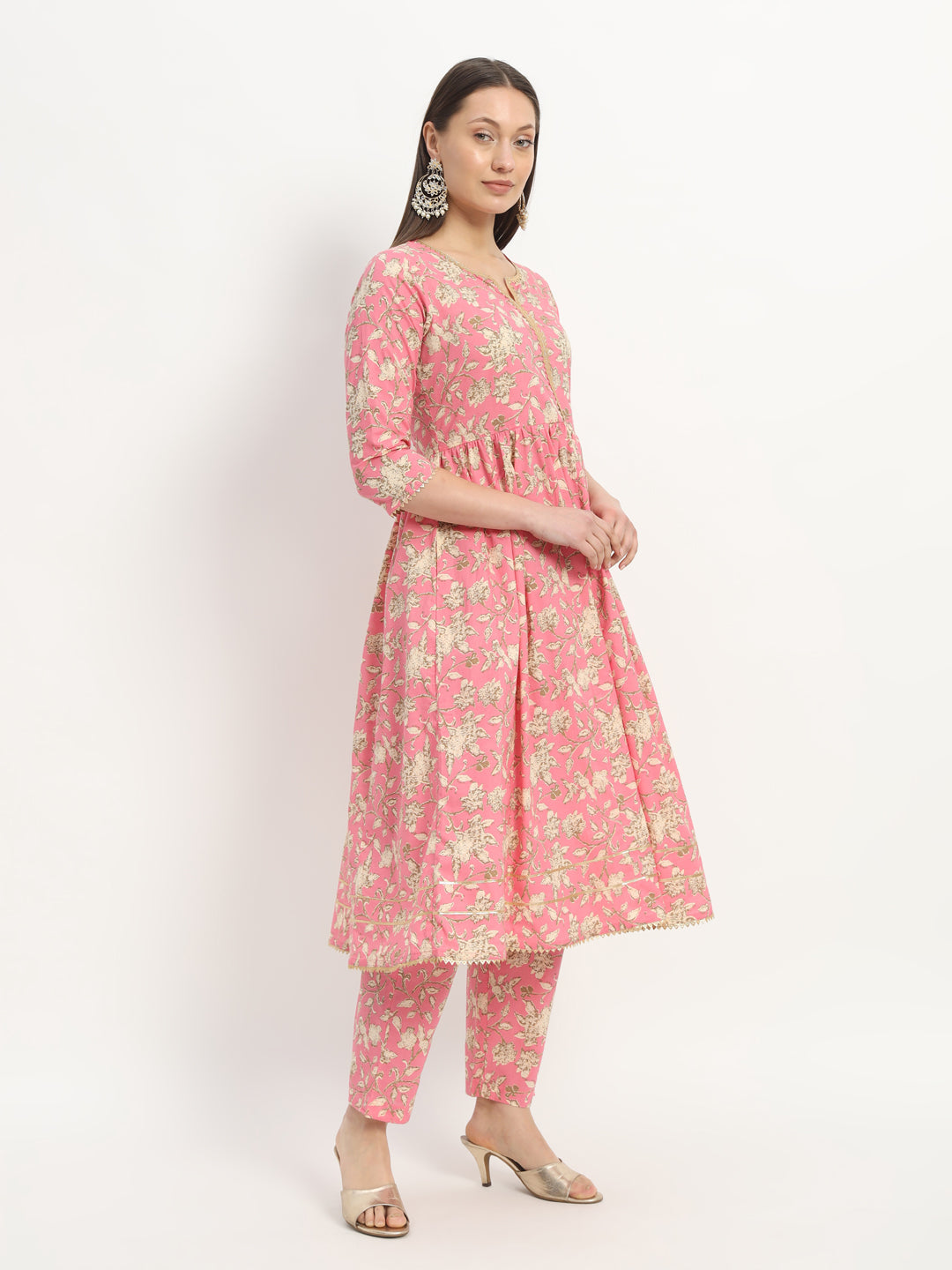 Pink Printed Cotton Fit And Flared Dress With Trouser (EFF-02-SUITS)