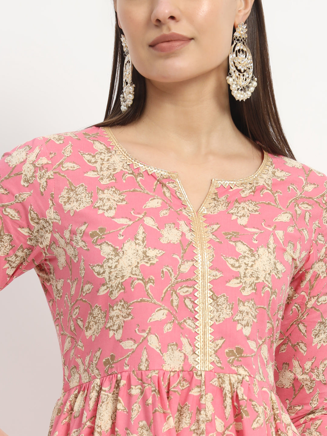 Pink Printed Cotton Fit And Flared Dress With Trouser (EFF-02-SUITS)