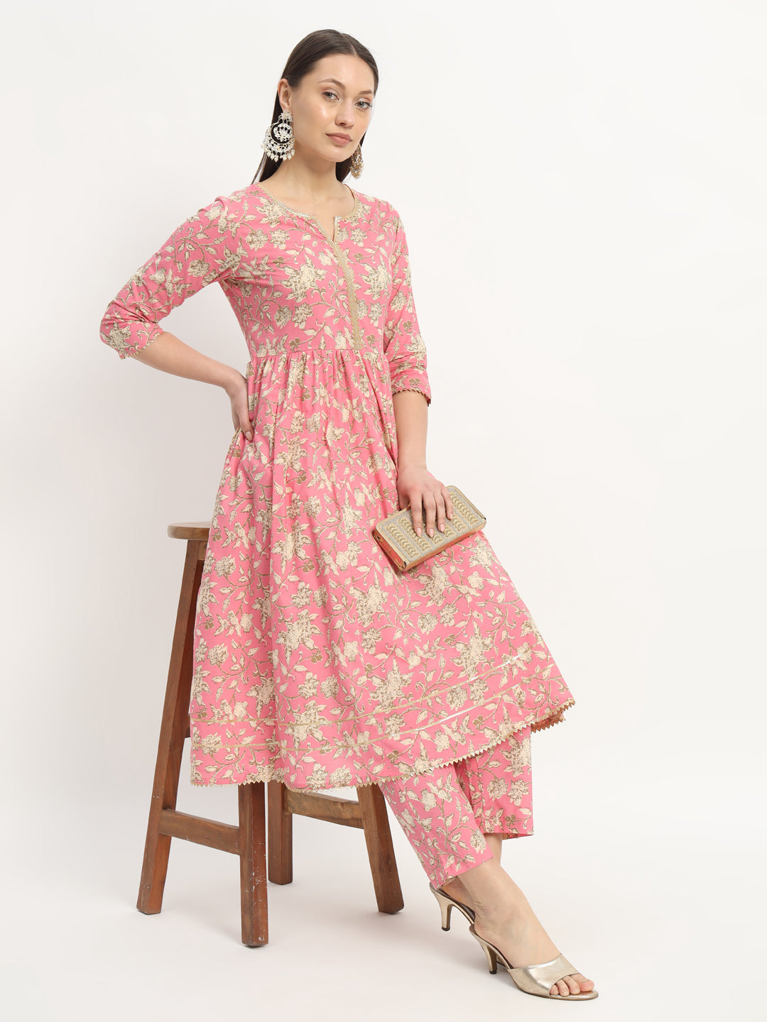 Pink Printed Cotton Fit And Flared Dress With Trouser (EFF-02-SUITS)