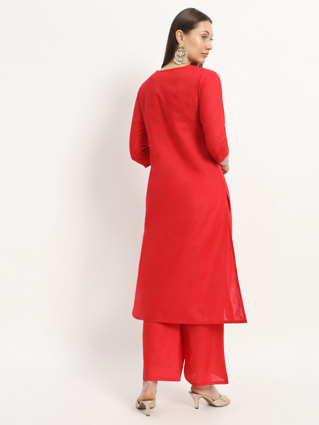 Red Cotton A-Line Kurta With Trousers (EFF_03-SUITS)