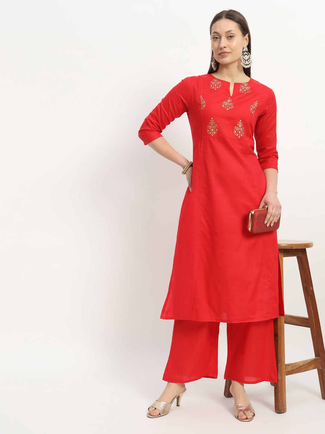 Red Cotton A-Line Kurta With Trousers (EFF_03-SUITS)