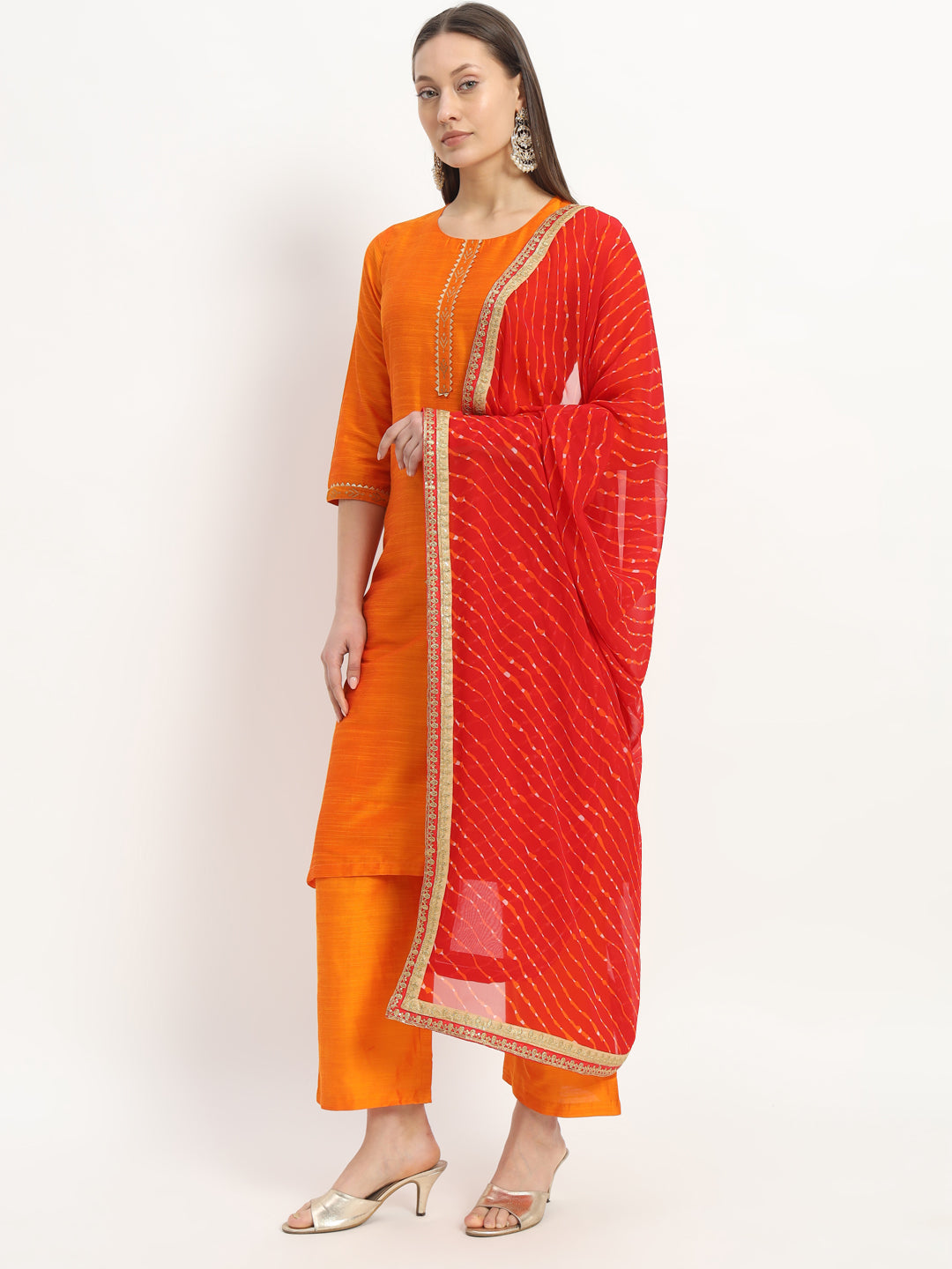 Orange Crepe Straight Kurta With Trousers & Red Dupatta (EFF_04-SUITS)