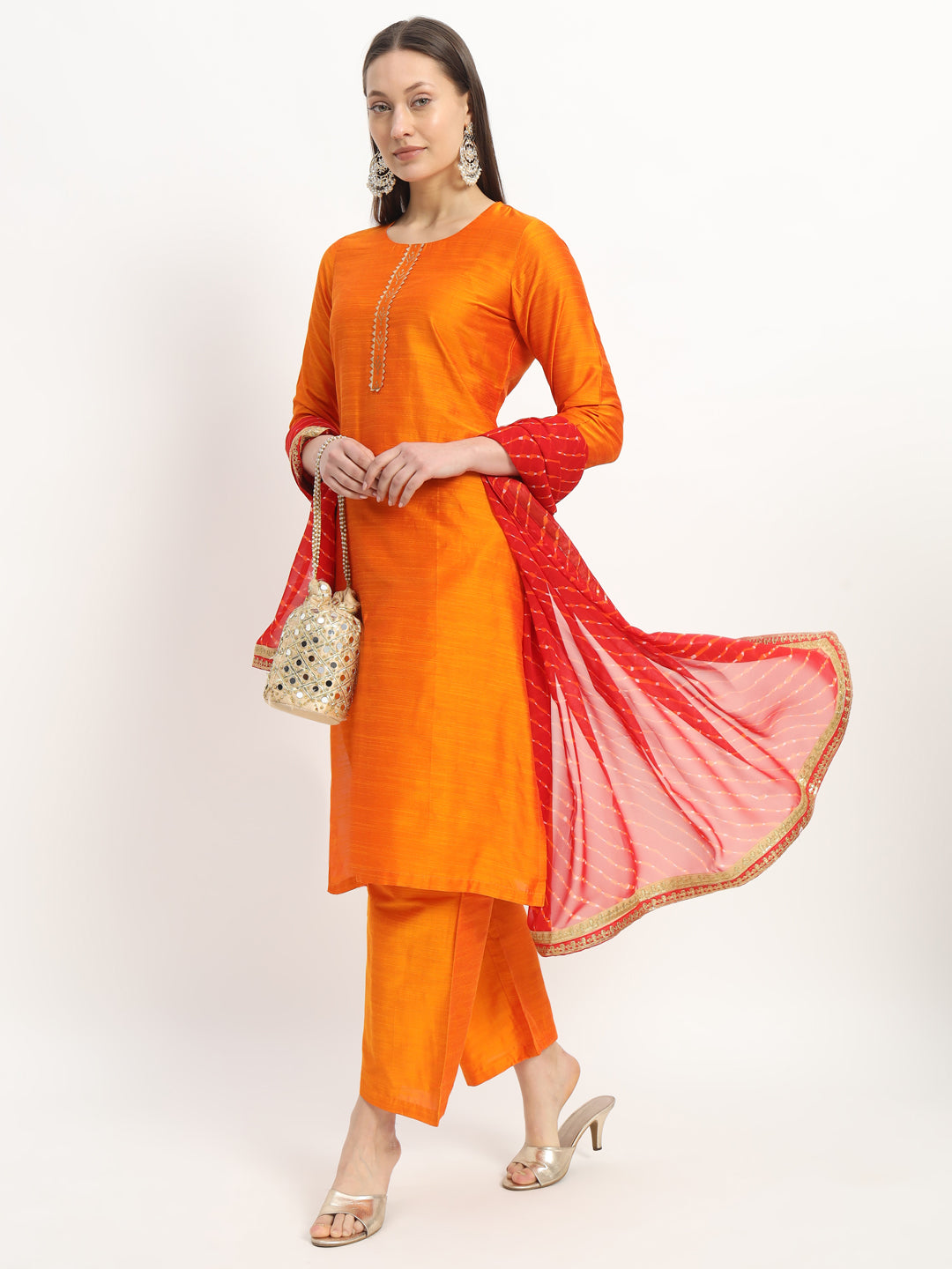 Orange Crepe Straight Kurta With Trousers & Red Dupatta (EFF_04-SUITS)