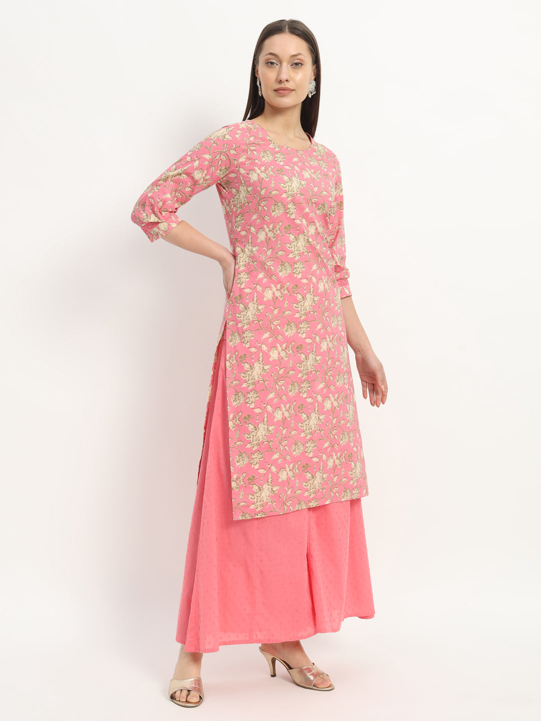 Pink Printed Cotton Blend Straight Kurta With wide Palazzo (EFF_06-SUITS)