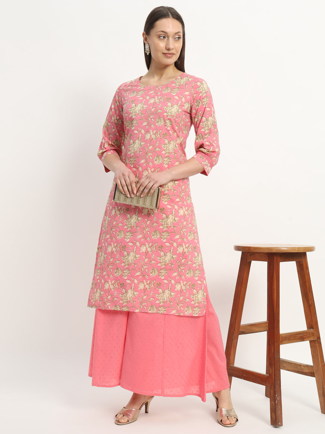 Pink Printed Cotton Blend Straight Kurta With wide Palazzo (EFF_06-SUITS)