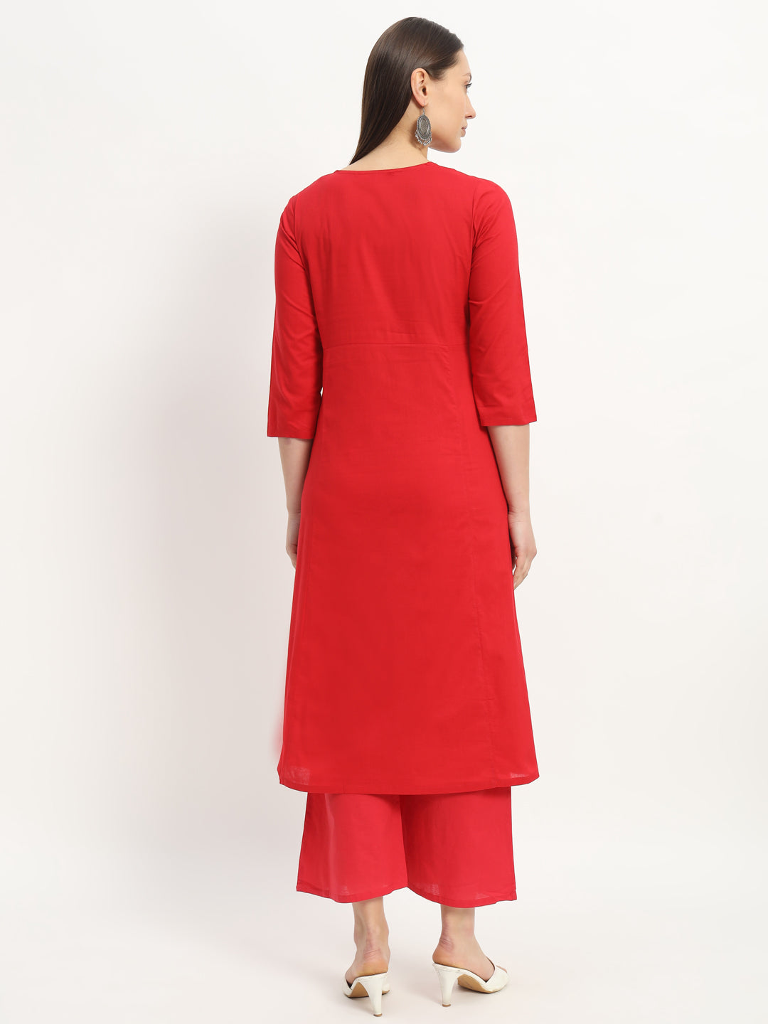 Red Cotton Blend Long Straight Kurta With Palazzos (EFF_08-SUITS)