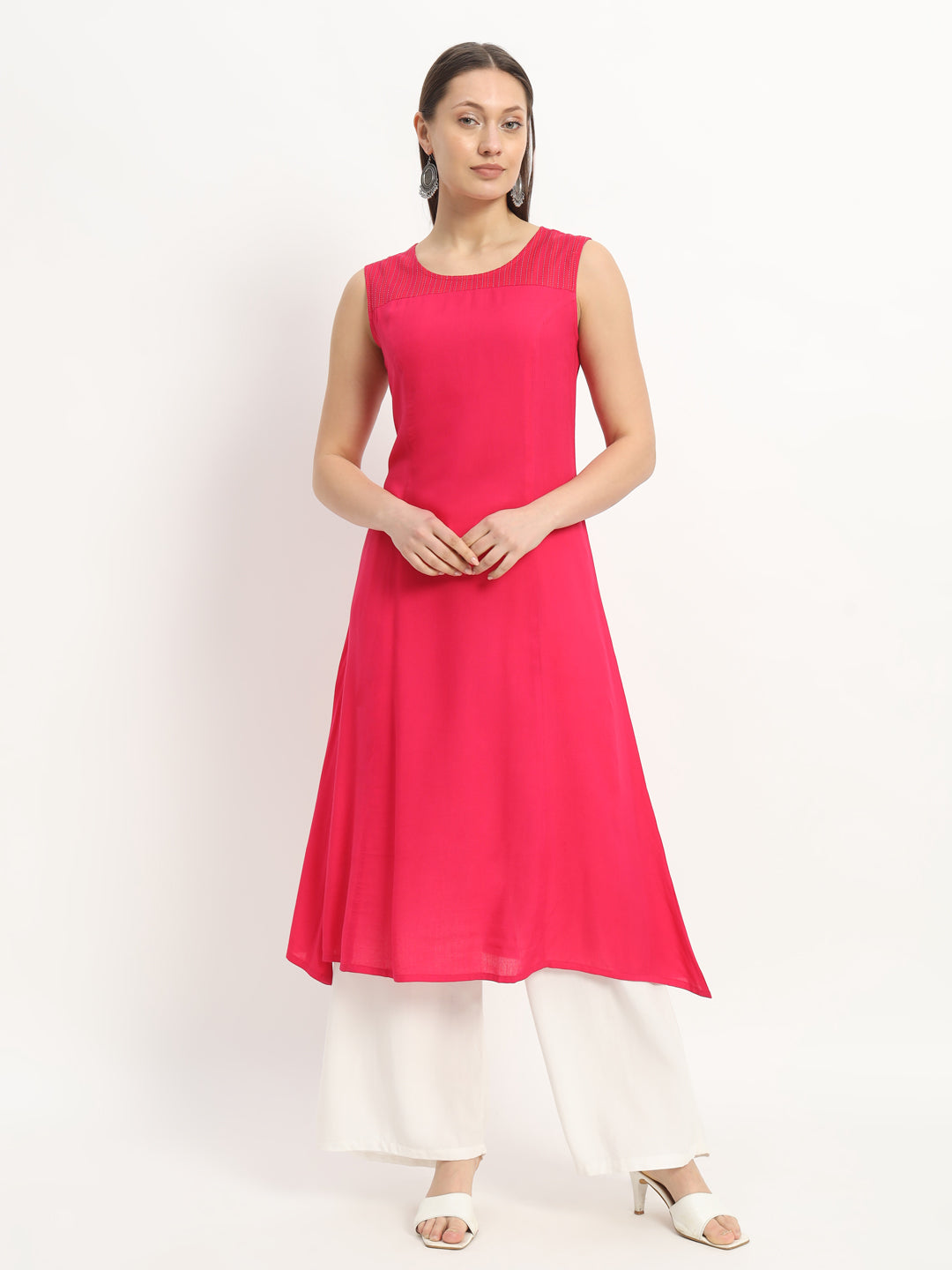 Rani Pink Rayon A-Line Cut sleeves Kurta (EFF_09-SUITS)