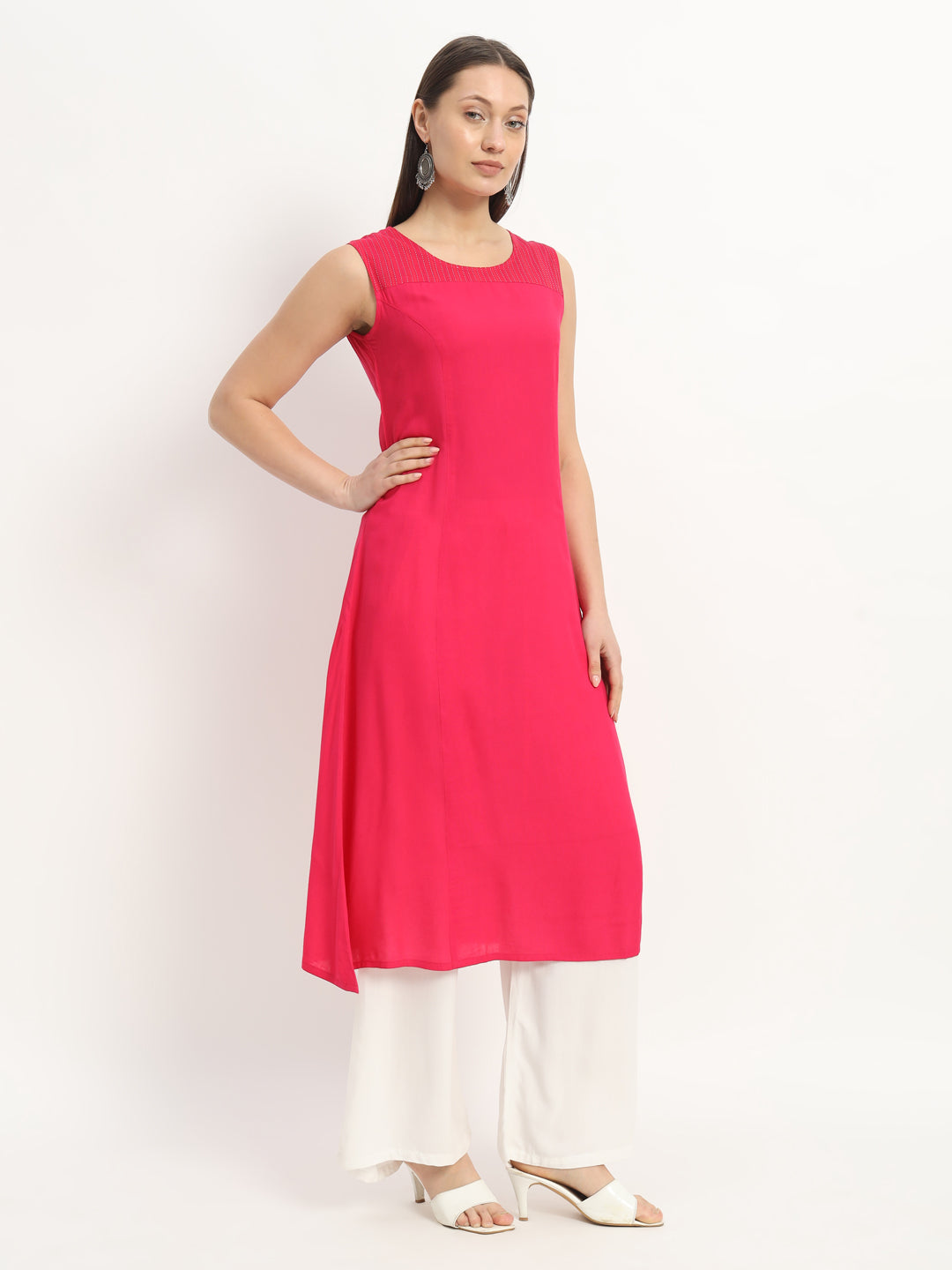 Rani Pink Rayon A-Line Cut sleeves Kurta (EFF_09-SUITS)