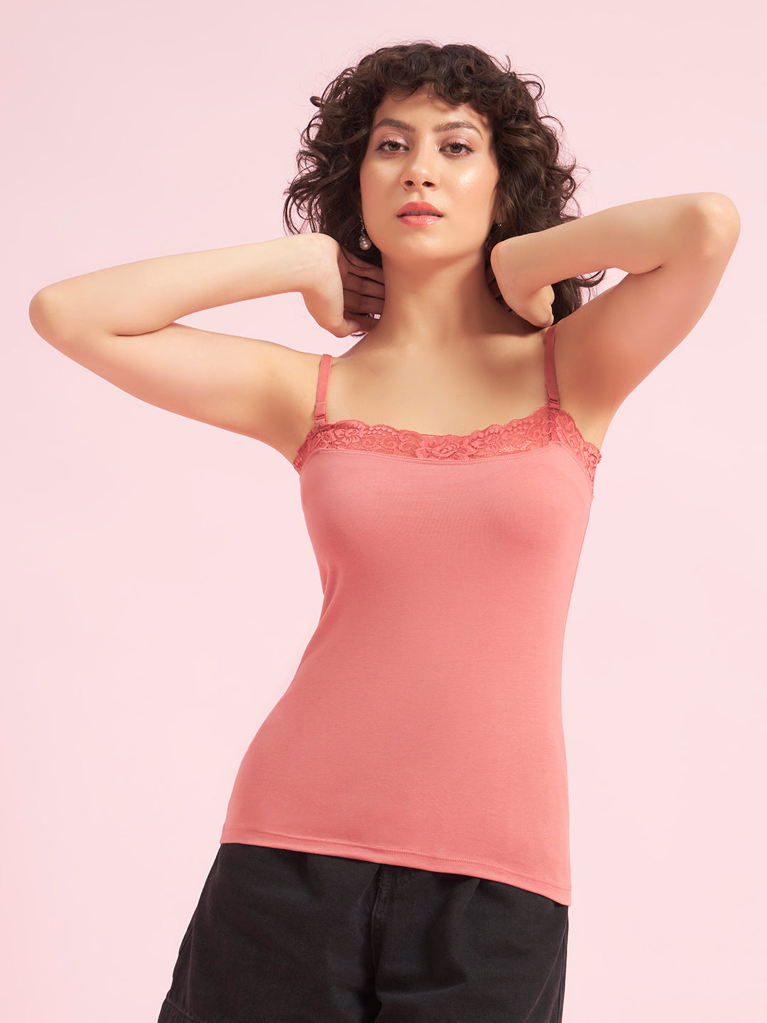 Effectinn Women’s Cotton Camisole Top with Lace Trim – Stretchable Spaghetti Strap Innerwear (TOP LACE)