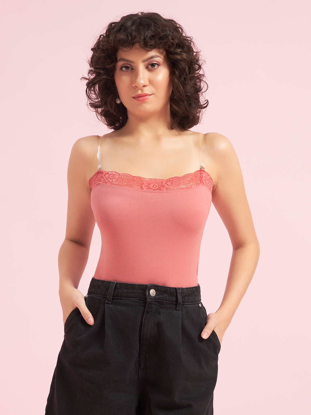 Effectinn Women’s Cotton Camisole Top with Lace Trim – Stretchable Spaghetti Strap Innerwear (TOP LACE)