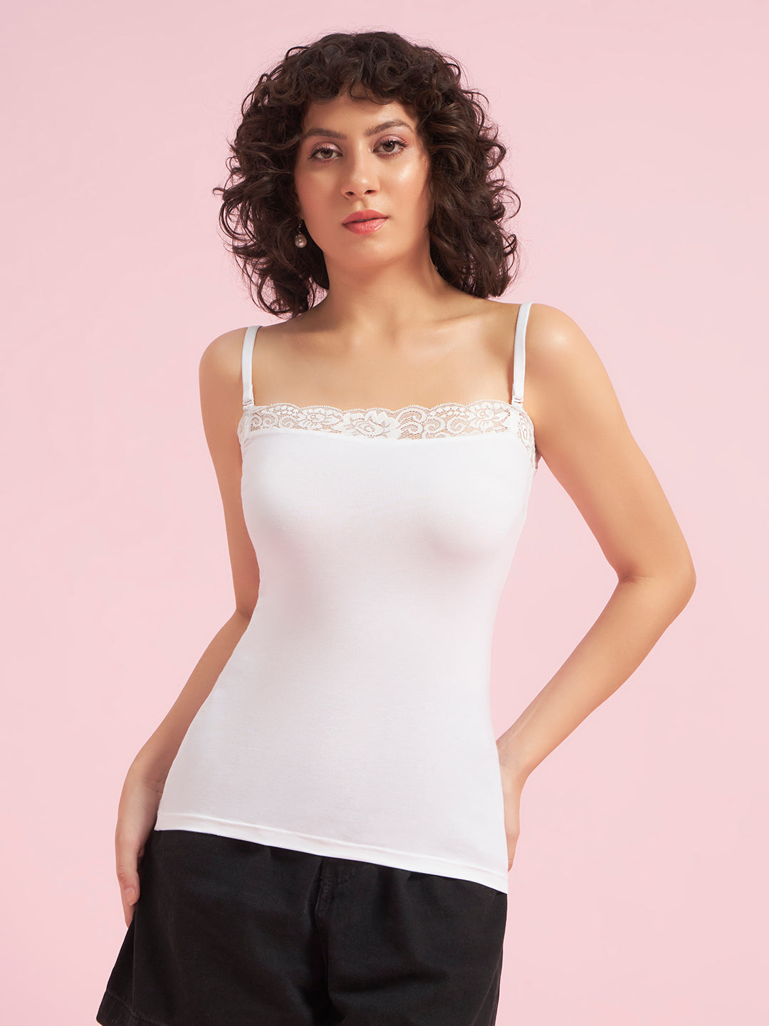 Effectinn Women’s Cotton Camisole Top with Lace Trim – Stretchable Spaghetti Strap Innerwear (TOP LACE)