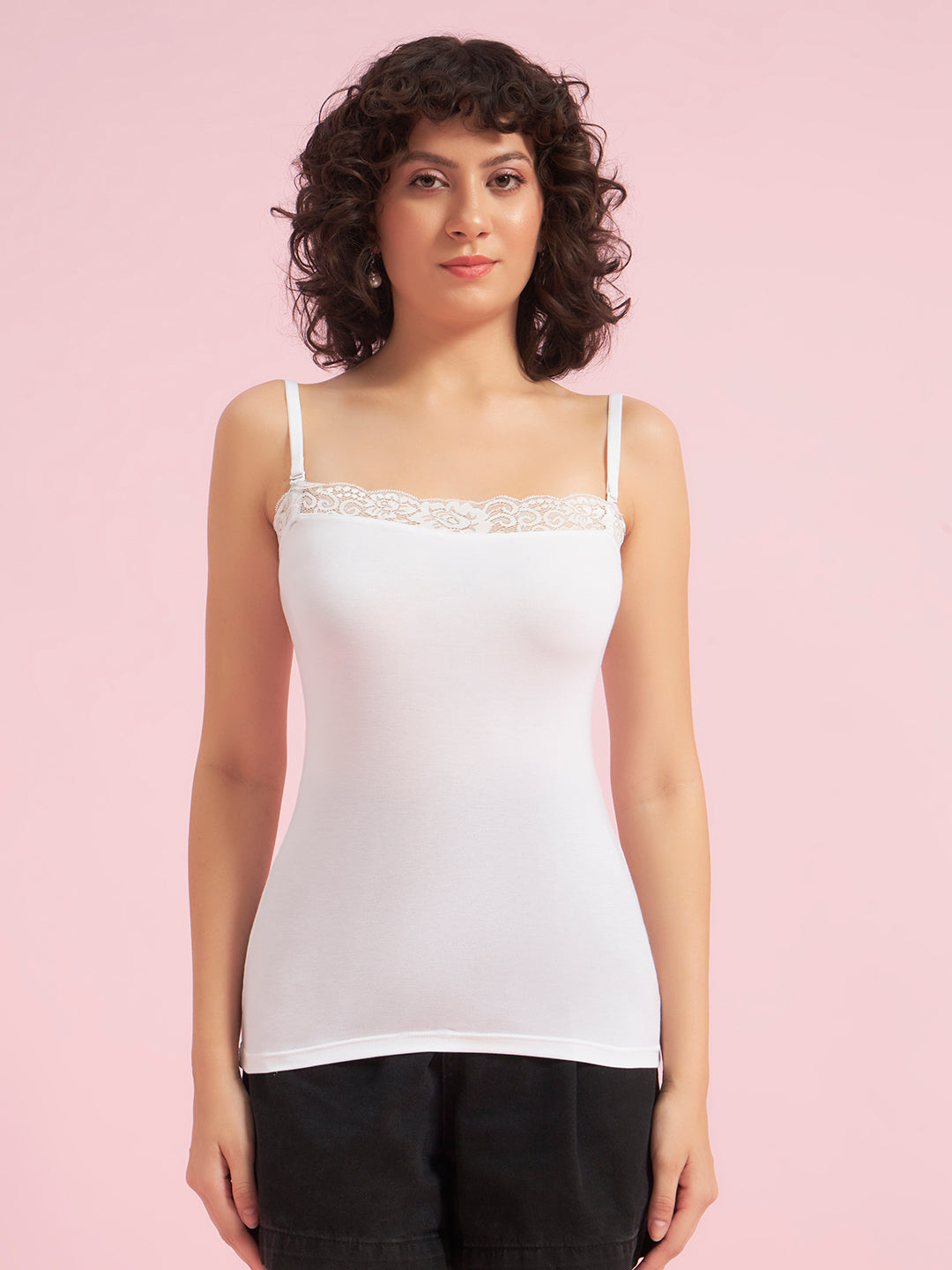 Effectinn Women’s Cotton Camisole Top with Lace Trim – Stretchable Spaghetti Strap Innerwear (TOP LACE)