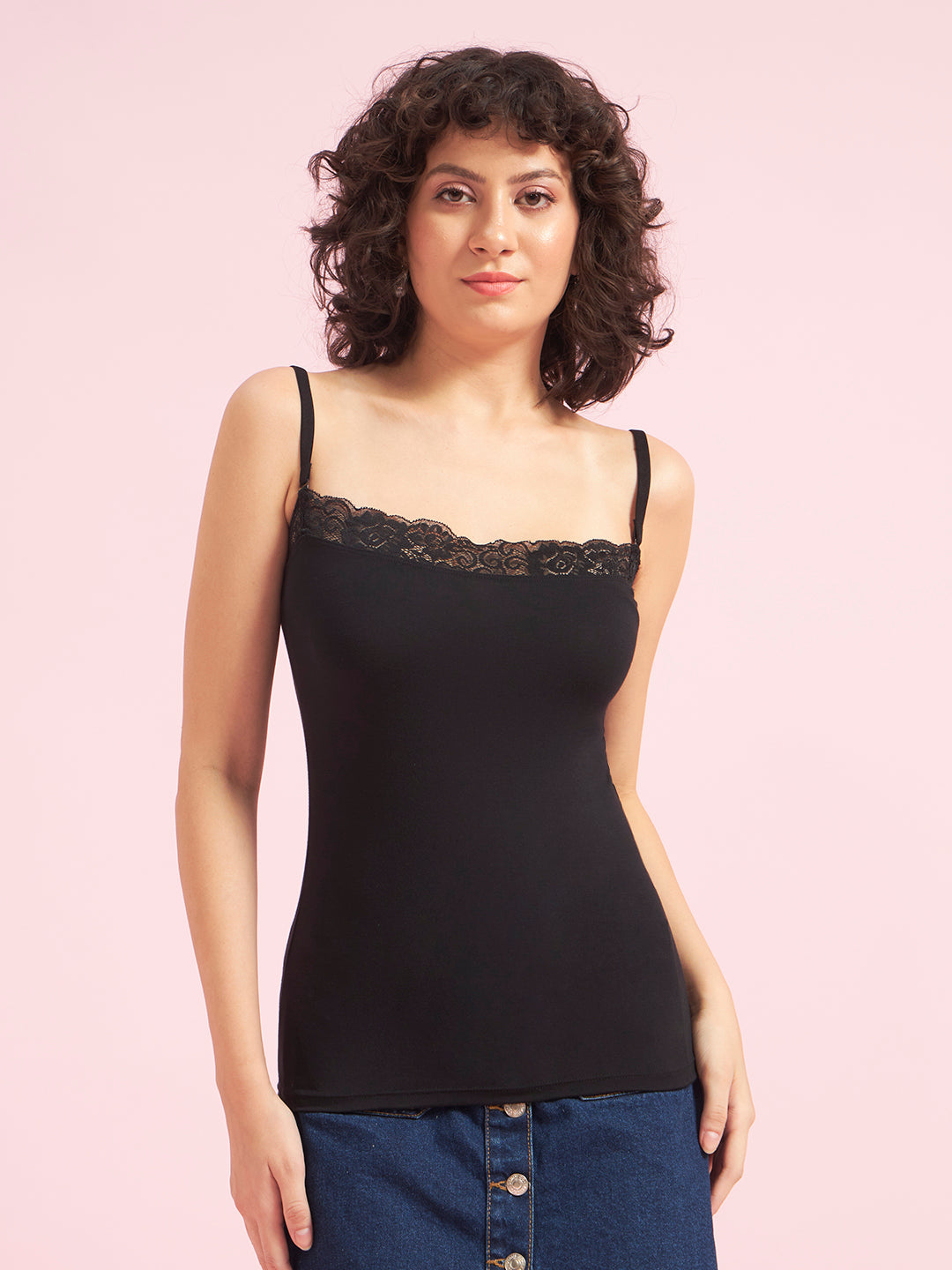 Effectinn Women’s Cotton Camisole Top with Lace Trim – Stretchable Spaghetti Strap Innerwear (TOP LACE)