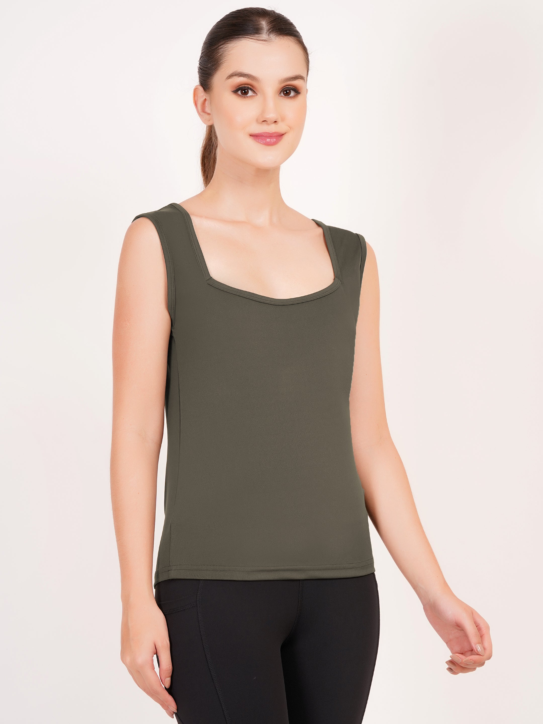 Square Neck Active Tank Top | Olive Green