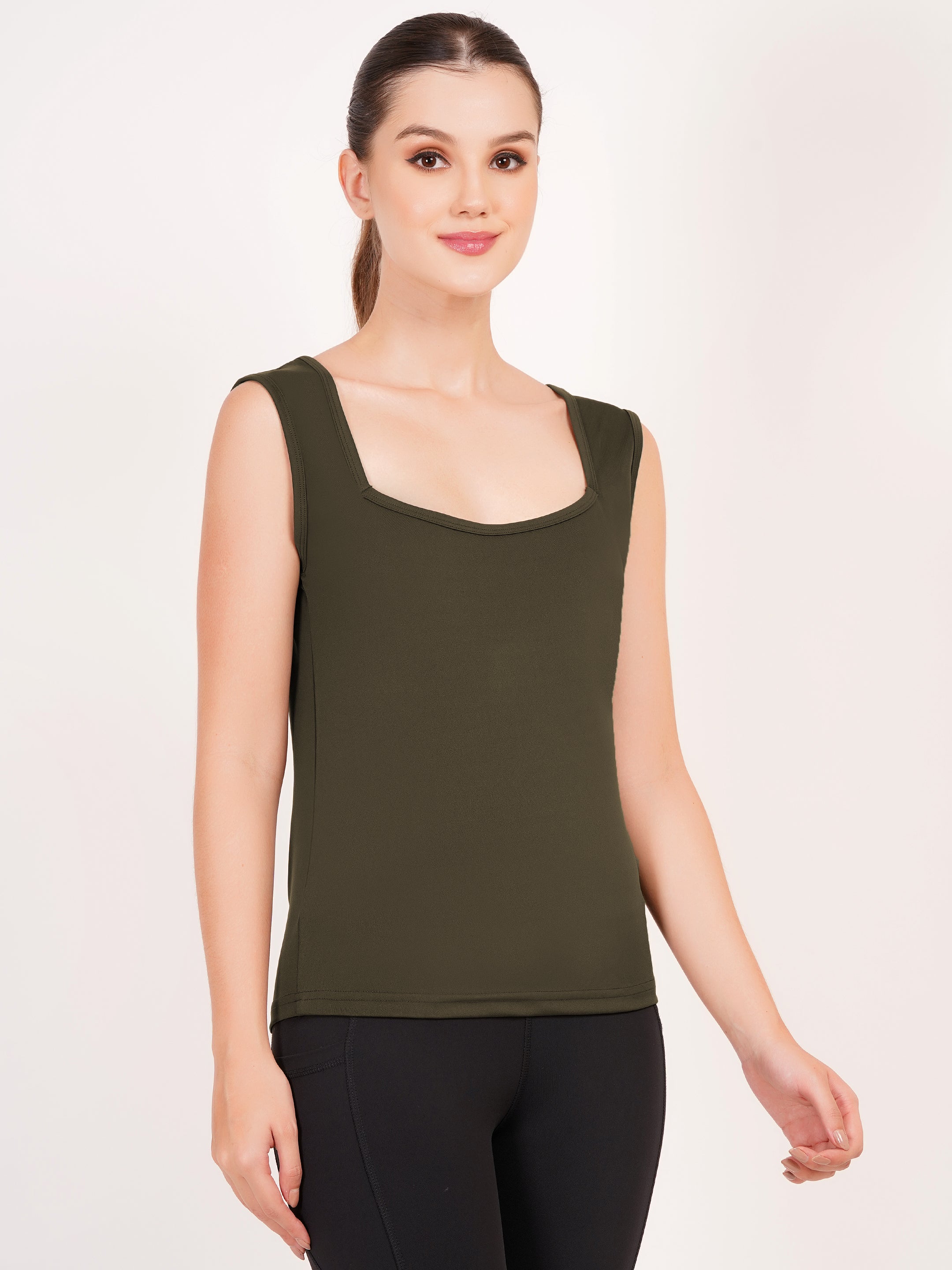 Square Neck Active Tank Top | Olive Green