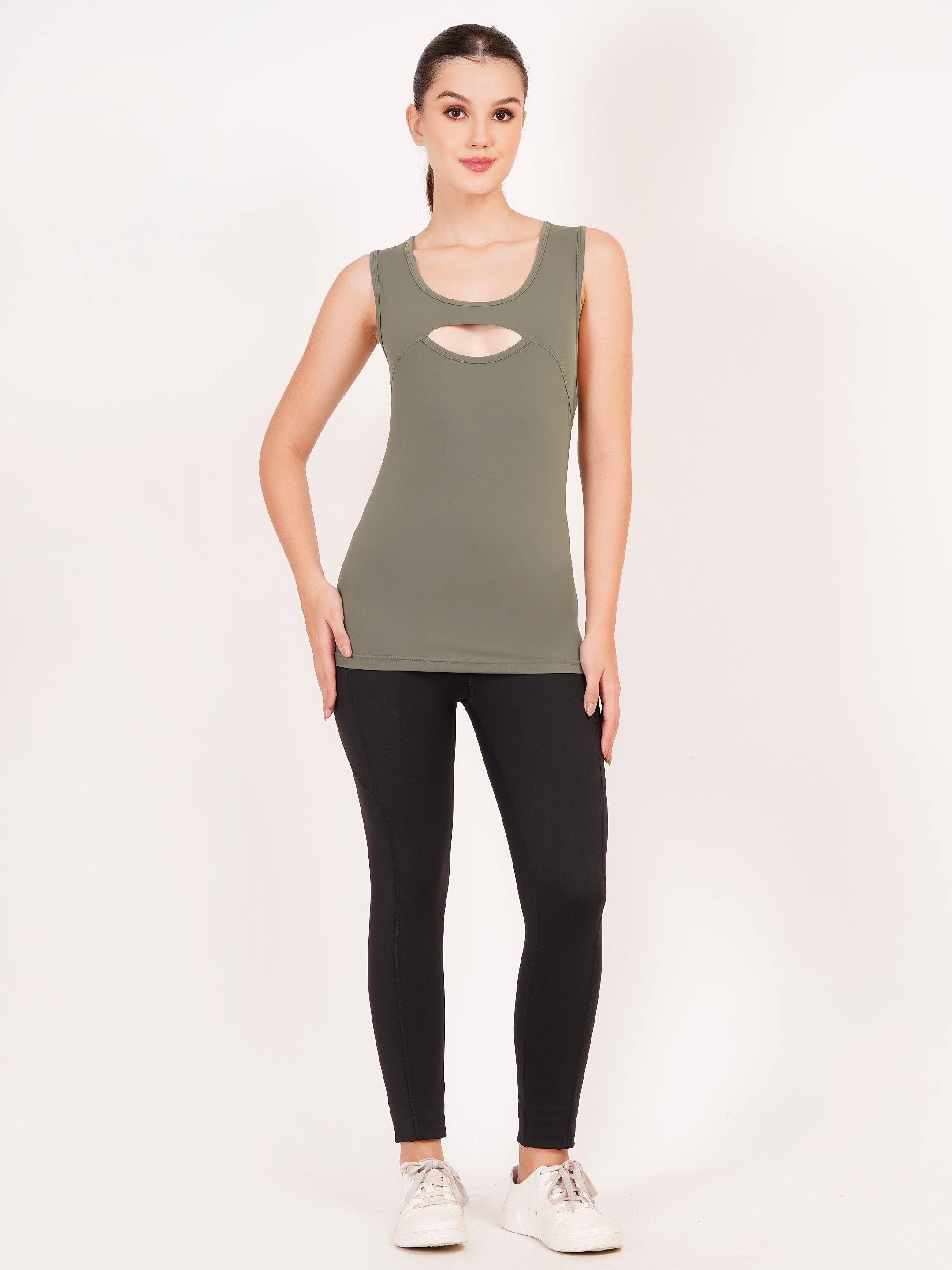 Keyhole Cutout Cross-Back Tank | Olive Green