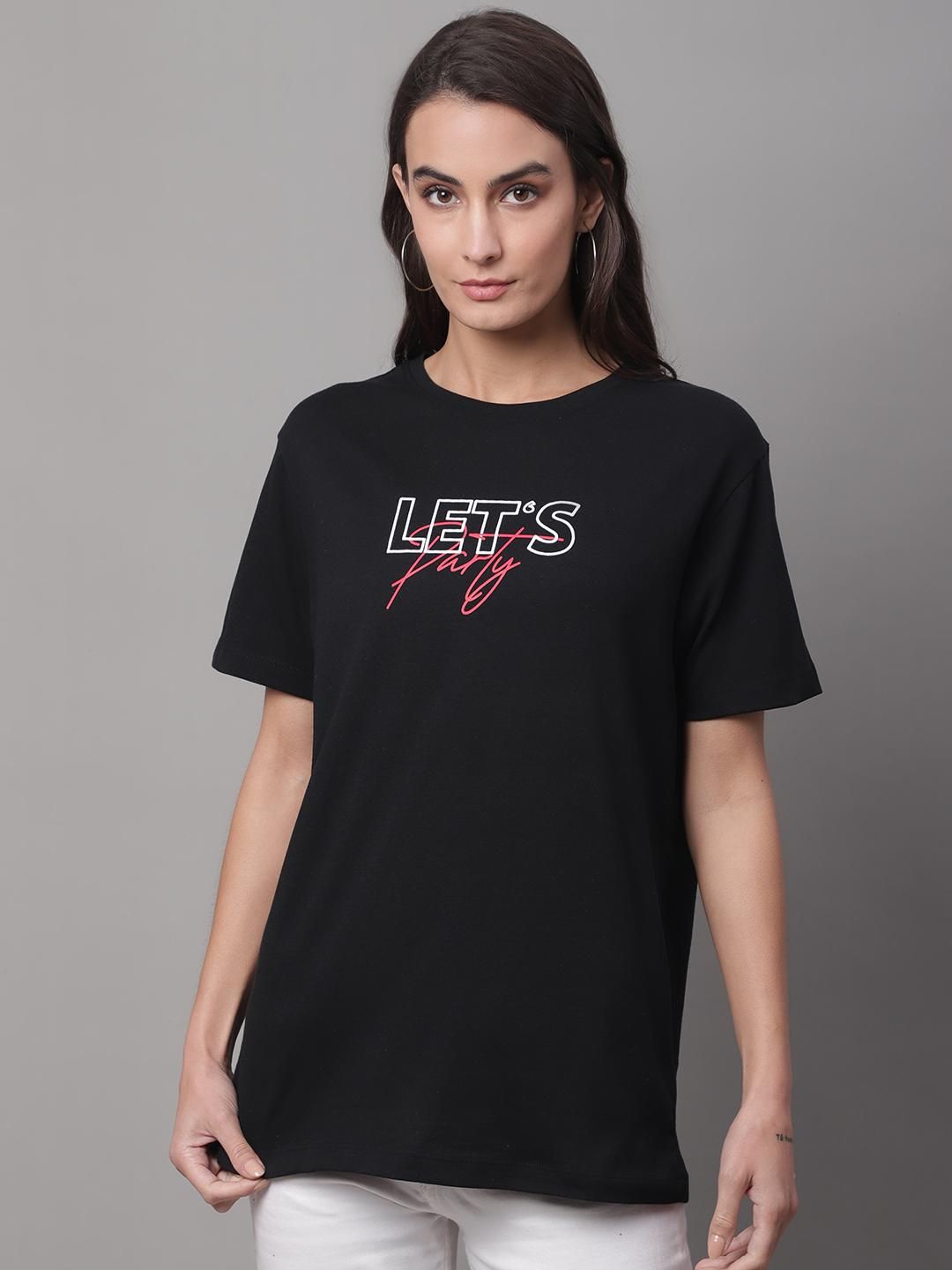 DOOR74 Womens PRINTED BLACK REGULAR TSHIRT