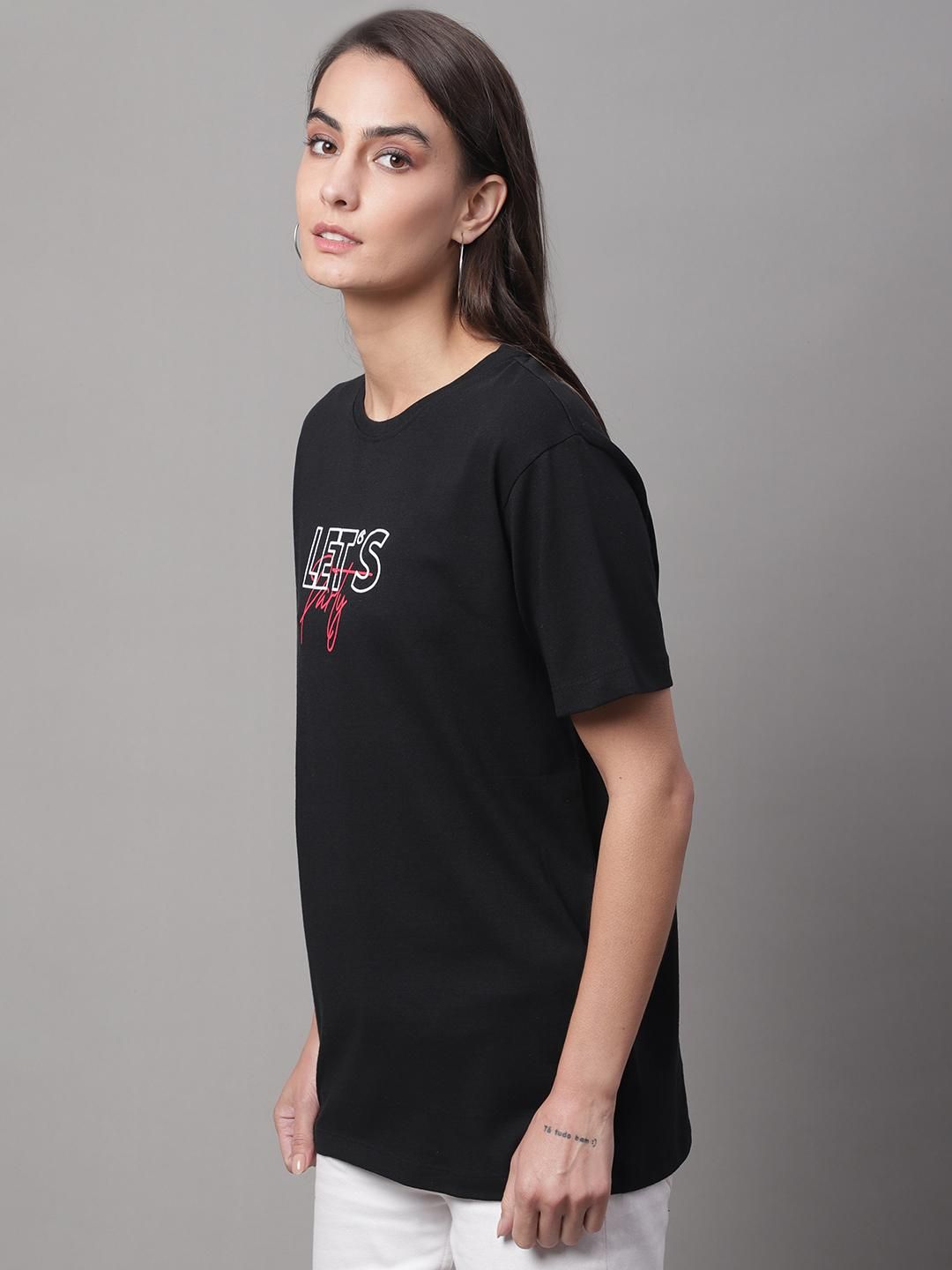 DOOR74 Womens PRINTED BLACK REGULAR TSHIRT