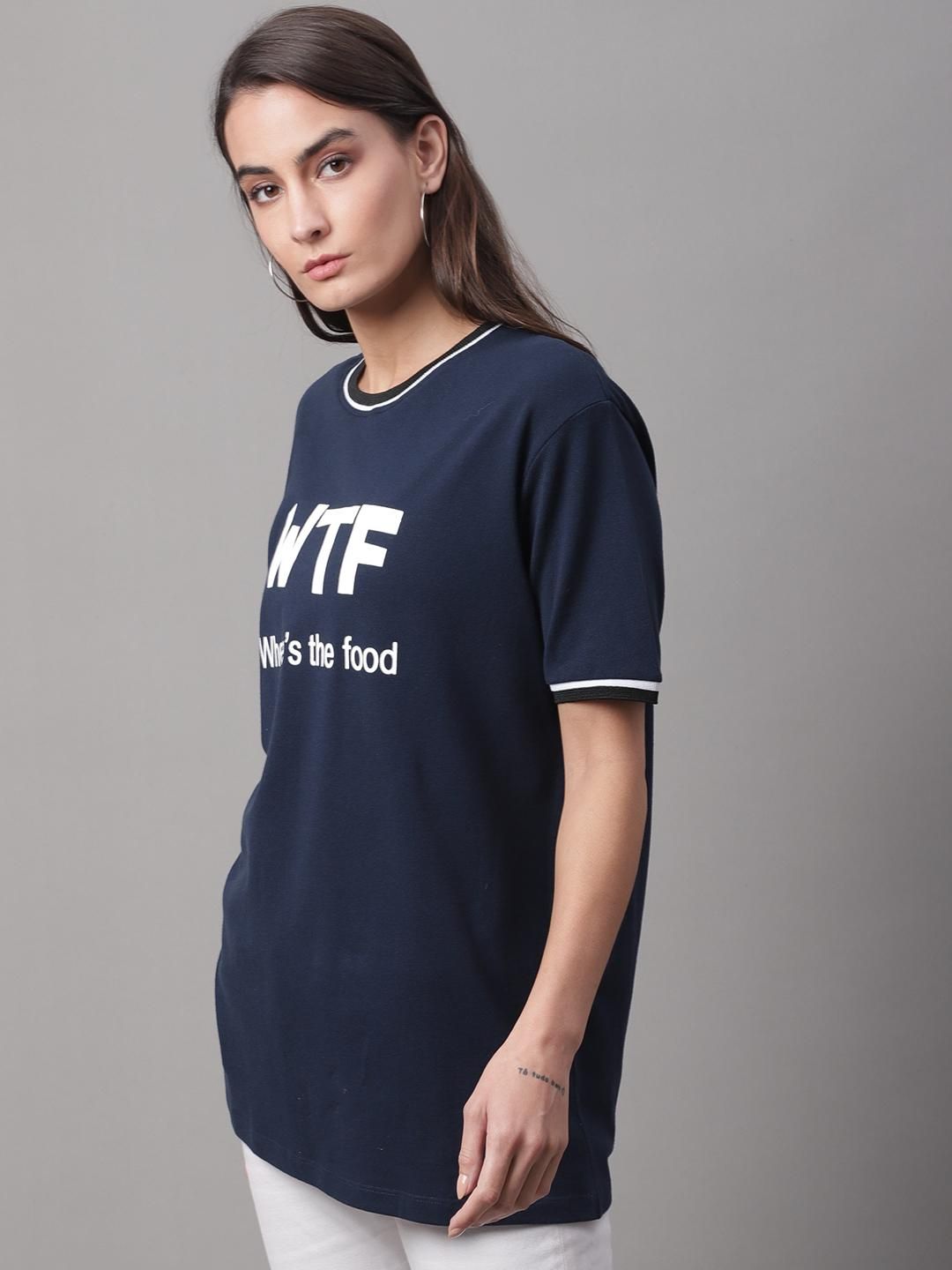 DOOR74 Womens PRINTED NAVY RINGER TSHIRT