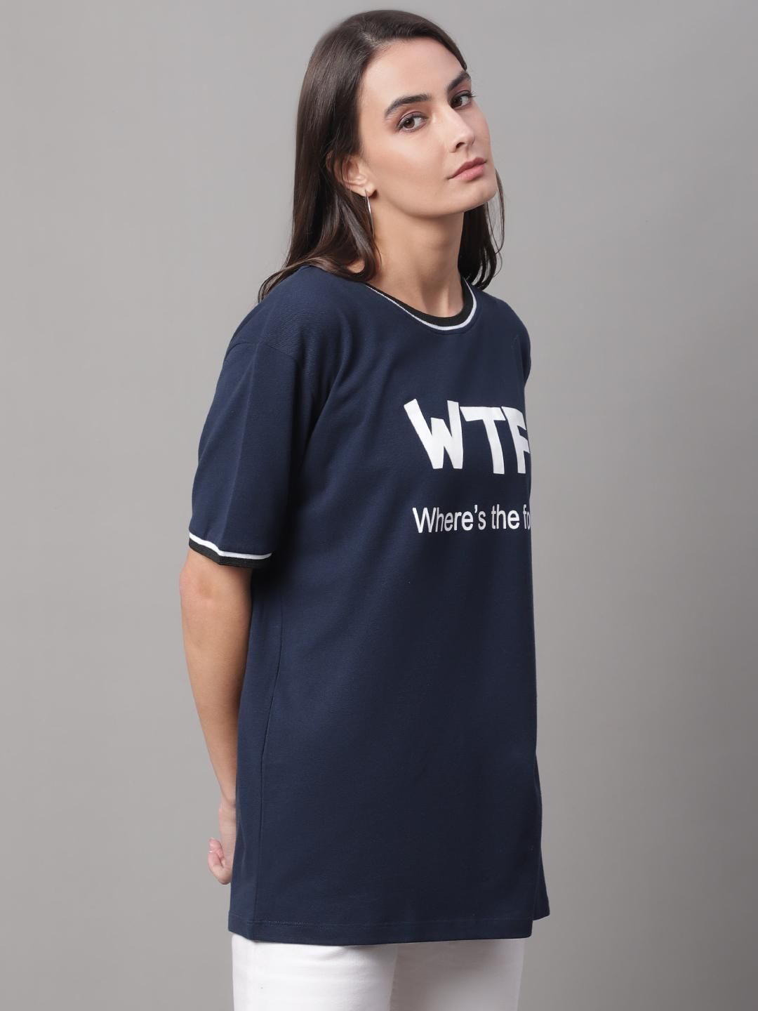 DOOR74 Womens PRINTED NAVY RINGER TSHIRT