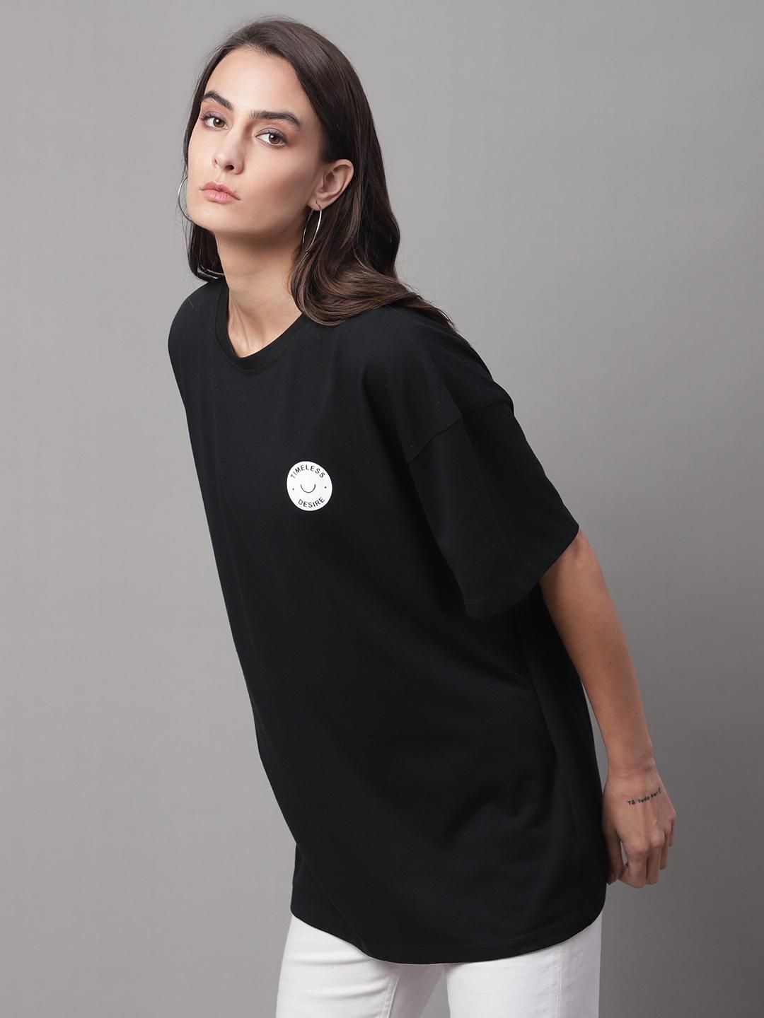 DOOR74 Womens PRINTED BLACK OVERSIZE TSHIRT