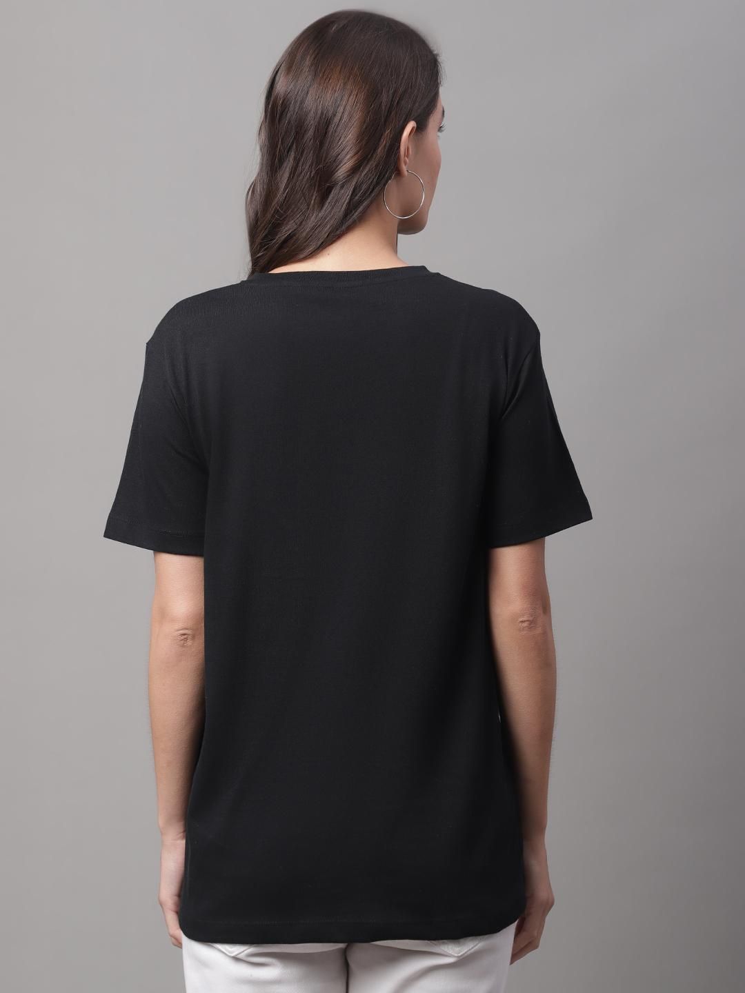 DOOR74 Womens PRINTED BLACK REGULAR TSHIRT