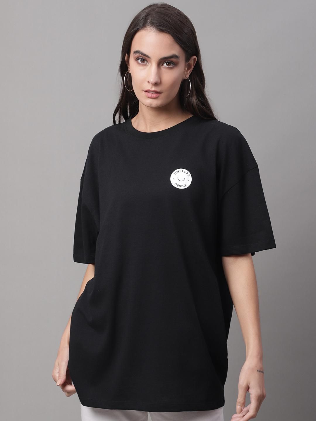 DOOR74 Womens PRINTED BLACK OVERSIZE TSHIRT