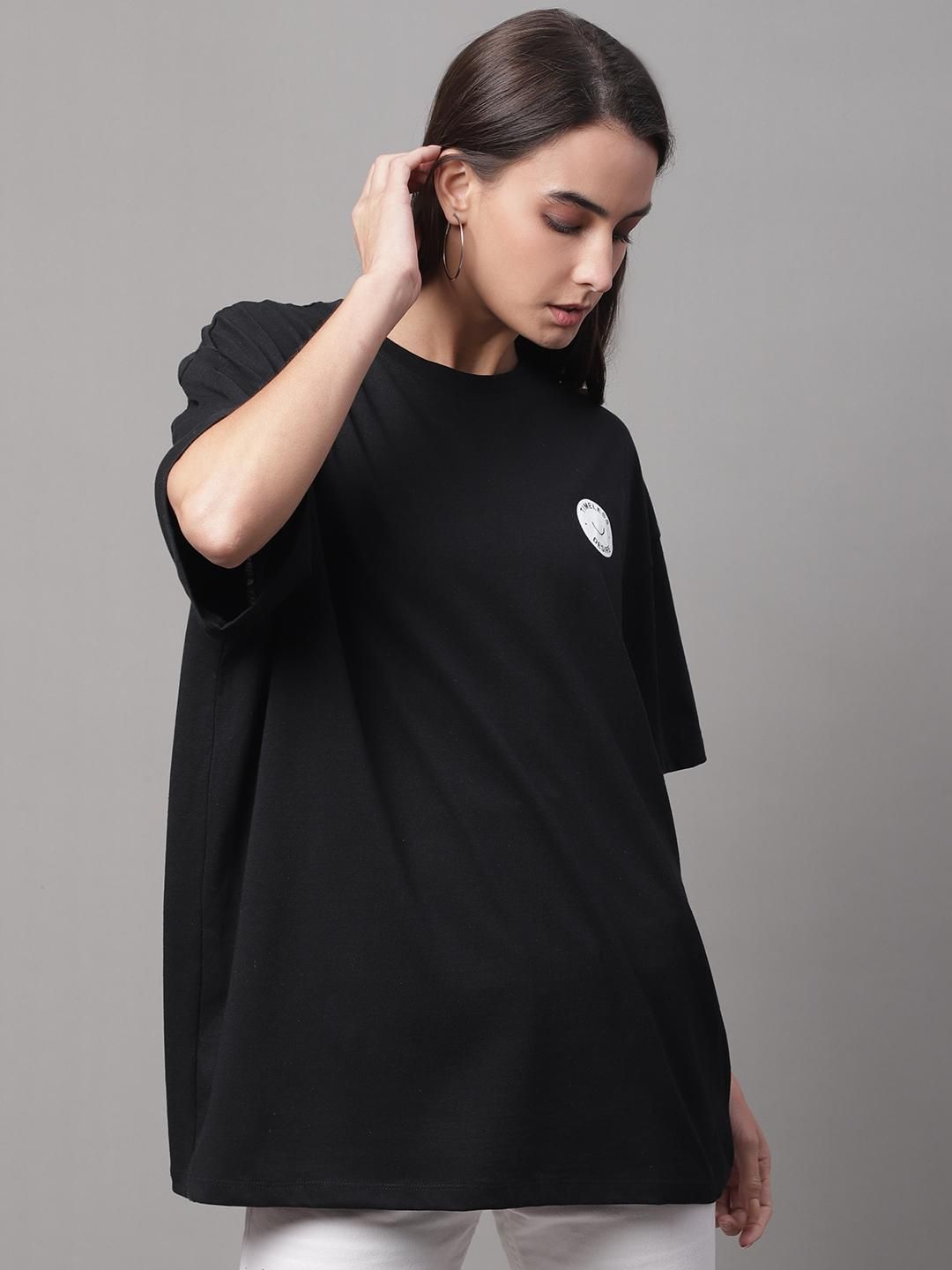 DOOR74 Womens PRINTED BLACK OVERSIZE TSHIRT