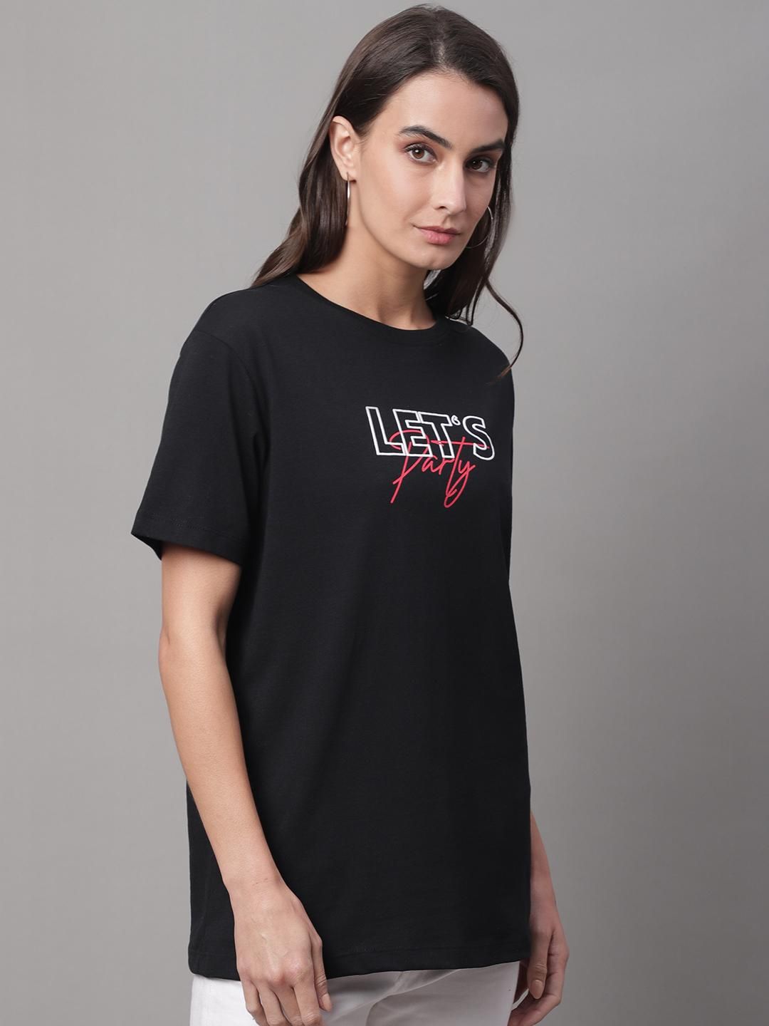 DOOR74 Womens PRINTED BLACK REGULAR TSHIRT